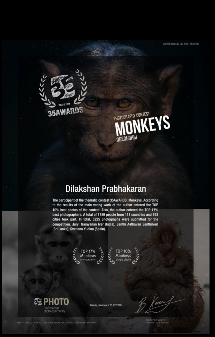 Read more about the article Dilakshan Prabhakaran – A Third Year Student made a landmark in ’35 Awards – International Photography Competition’ on ‘Monkeys’ 2019 – 2020